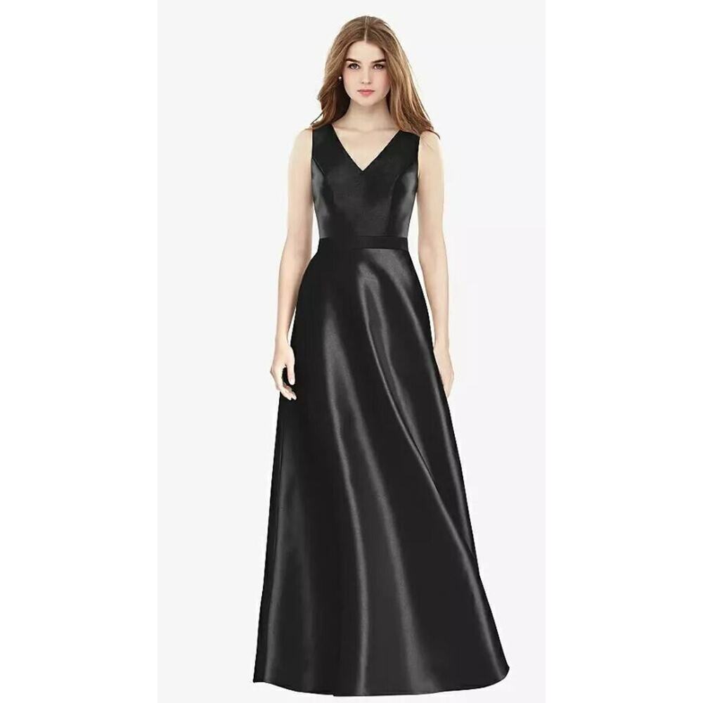Alfred Sung Sleeveless A-Line V-Neck Satin‎ Dress with Pockets Black Size 4 $231